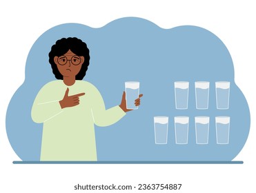 The woman is holding a glass of water. Water balance infographic. 8 glasses of water every day. Healthy lifestyle.