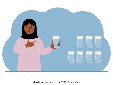 The woman is holding a glass of water. Water balance infographic. 8 glasses of water every day. Healthy lifestyle.