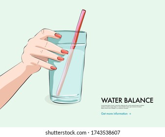 Woman holding  glass of water, water hydration illustration, summer water balance wellbeing  illustration. Vector flat art.