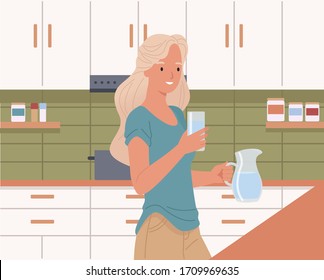 Woman holding a glass of water and a pitcher to drink water in the kitchen. Vector illustration in a flat style