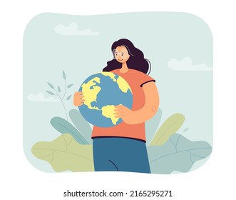 Woman holding globe in hands. Person saving nature and climate of planet flat vector illustration. Earth Day, global ecological protection concept for banner, website design or landing web page