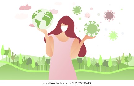 Woman holding the globe in one hand and Coronavirus in other. Thinking of our future. Covid-19 epidemic is our world. Stay safe. Flat vector illustration. 
