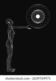 A woman is holding a glowing orb in her hand. The orb is surrounded by a black background. Concept of wonder and curiosity, as the woman is reaching out to the glowing object