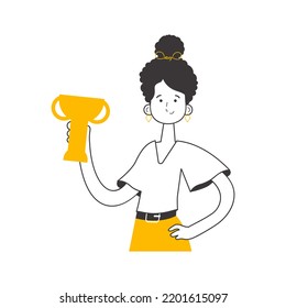 The woman is holding a goblet. Linear trendy style. Isolated. Vector.