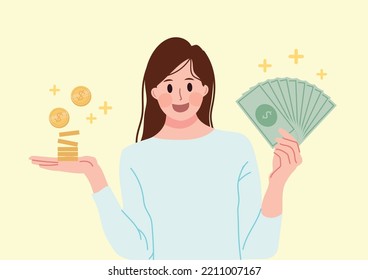 woman holding gold coin and fan of banknotes.