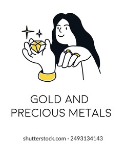 Woman holding gold and jewelry representing precious metals investment, vector illustration, isolated on white background.