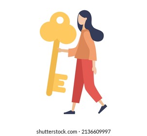 Woman holding golden key. Key businesswoman. Business concept. Vector flat illustration