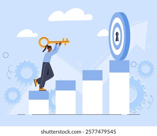 Woman holding a golden key, climbing bar chart steps toward a target with a keyhole. Blue background with gears and arrows. Concept of success. Vector illustration