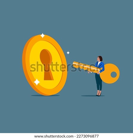 Woman holding golden key to unlock coin keyhole. Open to investment opportunities. Flat vector illustration