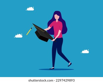 Woman holding a graduation cap. academic success. vector 