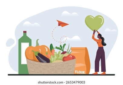 Woman holding green heart near a basket of vegetables, flour, and oil bottle, with paper plane flying in sky. Concept of food donation and healthy giving. Vector illustration