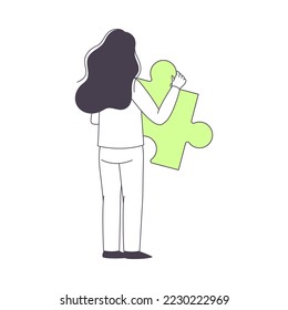 Woman Holding Green Jigsaw Puzzle as Mosaiced Piece for Logical Game Vector Illustration