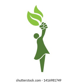 woman holding green leafs, abstract logo icon