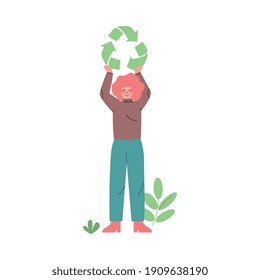 Woman Holding Green Recycle Sign Over her Head Cartoon Style Vector Illustration