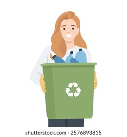 Woman holding a green recycling bin filled with plastic bottles, promoting eco conscious living. Flat vector illustration isolated on white background