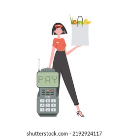 A woman is holding a grocery bag. Home delivery concept. Isolated. Cartoon style. Vector.