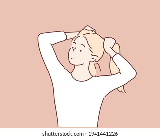  woman holding to the hair. Hand drawn style vector design illustrations.