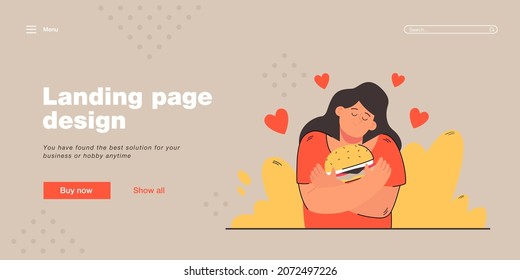 Woman Holding Hamburger With Affection. Young Female Character Embracing Fast Food With Love. Red Hearts Flying In Air. Food Love Concept For Banner, Website Design Or Landing Web Page