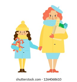 A woman holding the hand of a girl and a shopping bag. Mother and daughter are shopping. Girl holding a toy. Vector illustration.