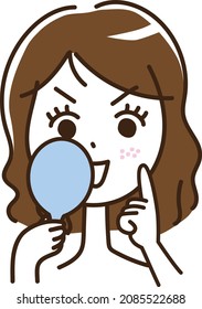 A woman holding a hand mirror to find rough skin and laugh