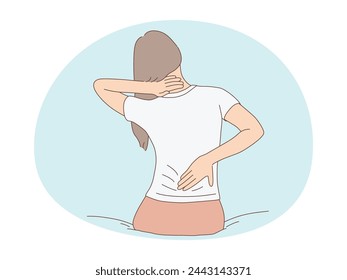 woman holding hand on neck because of back pain.Neck injury. hand drawn style Vector illustration