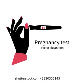 Woman holding in hand positive pregnancy test with two red stripes. Positive result. Checking pregnancy test. Vector illustration flat design. Isolated on background.