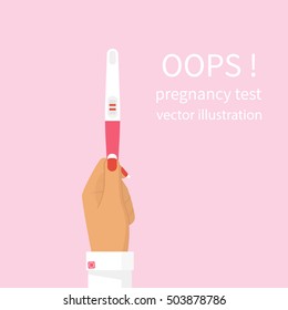 Woman holding in hand positive pregnancy test with two red stripes. Positive result. Checking pregnancy test. Vector illustration flat design. Isolated on background.