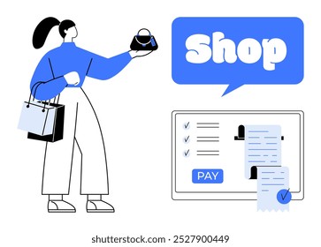 Woman holding a handbag and shopping bags with a payment screen and receipts Ideal for e-commerce online shopping digital payment retail and consumer behavior modern flat style