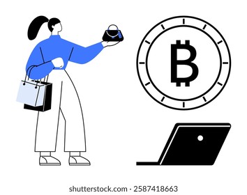 Woman holding a handbag and shopping bags, Bitcoin symbol displayed on a large coin, laptop nearby. Ideal for e-commerce, cryptocurrency, digital payments, online shopping, finance, technology