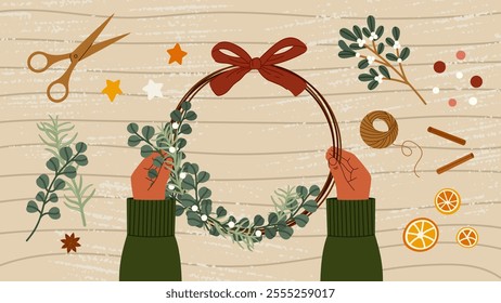 Woman holding handmade wreath made of eucalyptus branches and bow, top view. Crafting tools, eucalyptus, rosemary and cinnamon sticks, dried oranges, stars on the wooden table. Vector illustration