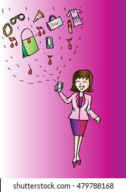 Woman holding a handphone while imagining about shopping online