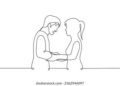 mujer sosteniendo manos de un hombre llorando - un vector de arte de una línea. noción de las comodidades de las mujeres, consolas, calma al hombre