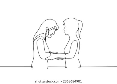 mujer sosteniendo manos de una mujer llorando - vector de arte de una línea. noción de confort femenino, consolas, calmas mujeres, hermanas o amigas