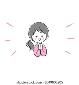 A woman holding hands with a happy expression.