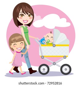 Woman holding hands with little girl and pushing baby carriage. Mother's day postcard