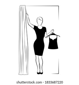 Woman is holding hanger with clothes in one hand, pulling curtain of fitting room with another hand. Silhouette of slender lady. Modern female shopping, fashion concept. Black and white illustration