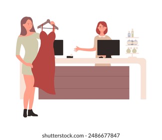 Woman holding hanger with new red dress, standing at cashier counter to pay for purchase vector illustration