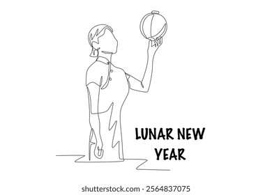 Woman holding hanging lantern. Lunar new year concept one-line drawing