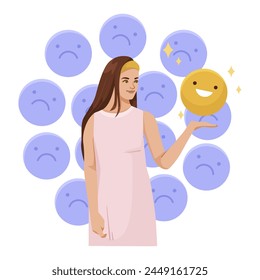 A woman holding a happy face emoji among sad face emojis in a vector illustration with a plain background. Mood and emotion concept. Vector illustration