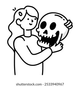 A woman holding a haunted skull, a doodle style icon 

