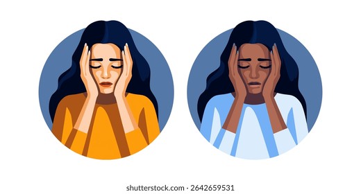 Woman holding head in distress, white background illustration. Woman in depression. Concept of mental disorder, affliction, sorrow and anxiety.