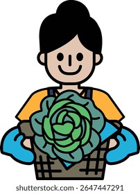 A woman is holding a head of lettuce in a basket. She is smiling and she is happy