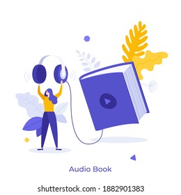 Woman holding headphones connected to audio book. Concept of online application or media player for listening to digital audiobooks and podcasts. Modern flat vector illustration for banner, poster.