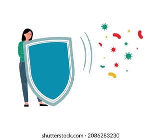 Woman holding health protection shield to defend from disease bacteria and virus germs isolated on white background. Vector illustration of immune system concept