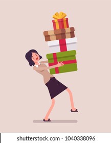 Woman holding a heap of gift boxes. Girlfriend caring an impressive stack of holiday presents packed with nice ribbons to give for special occasion or event. Vector flat style cartoon illustration