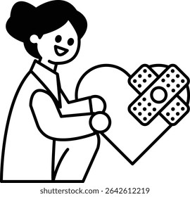 A woman is holding a heart and a bandage. The woman is smiling and the heart is open. The bandage is on the heart, and it is not visible. Concept of care and love