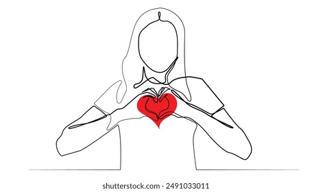 woman holding heart in chest.Christian spirituality.care for disease.world heart disease awareness day.one continuous line concept