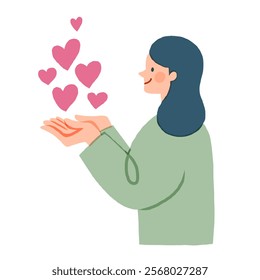 Woman holding a heart. Concept for mental health, support, love and relationships. Illustration. Vector