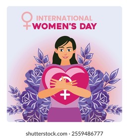 A woman holding a heart with a female symbol decorated with floral elements. Symbolizes the empowerment and recognition of women on International Women's Day. Women's History Month concept. 