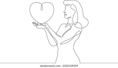 A woman is holding a heart. A girl with a big heart. One continuous line. Linear.One continuous line drawn isolated, white background.